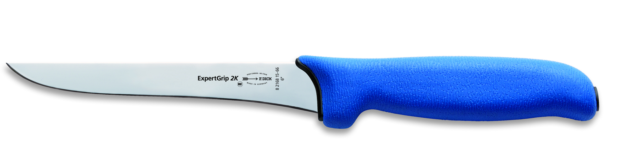 Ausbeinmesser, Dick, 15 cm, ExpertGrip 2K steif gerade blauer Griff, Auslösemesser, Zerwirkmesser, K